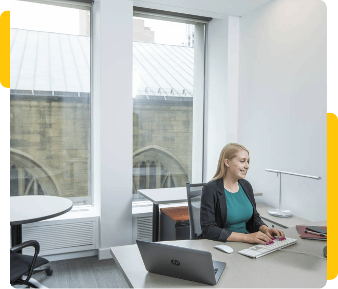 Woman working office cloudy day